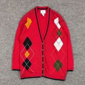 Vintage 90s Red Argyle Diamond Deep V-Neck Cardigan Sweater Women S Teacher Core